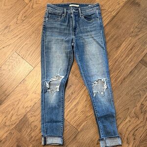 Levi's Distressed 721 High Rise Skinny Jeans in Blue